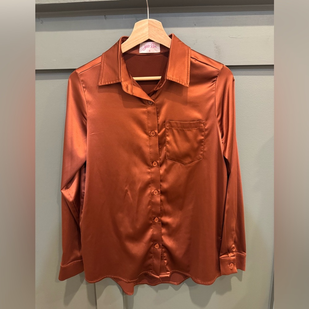 Romantic Chic Rust Satin Button-Up Shirt